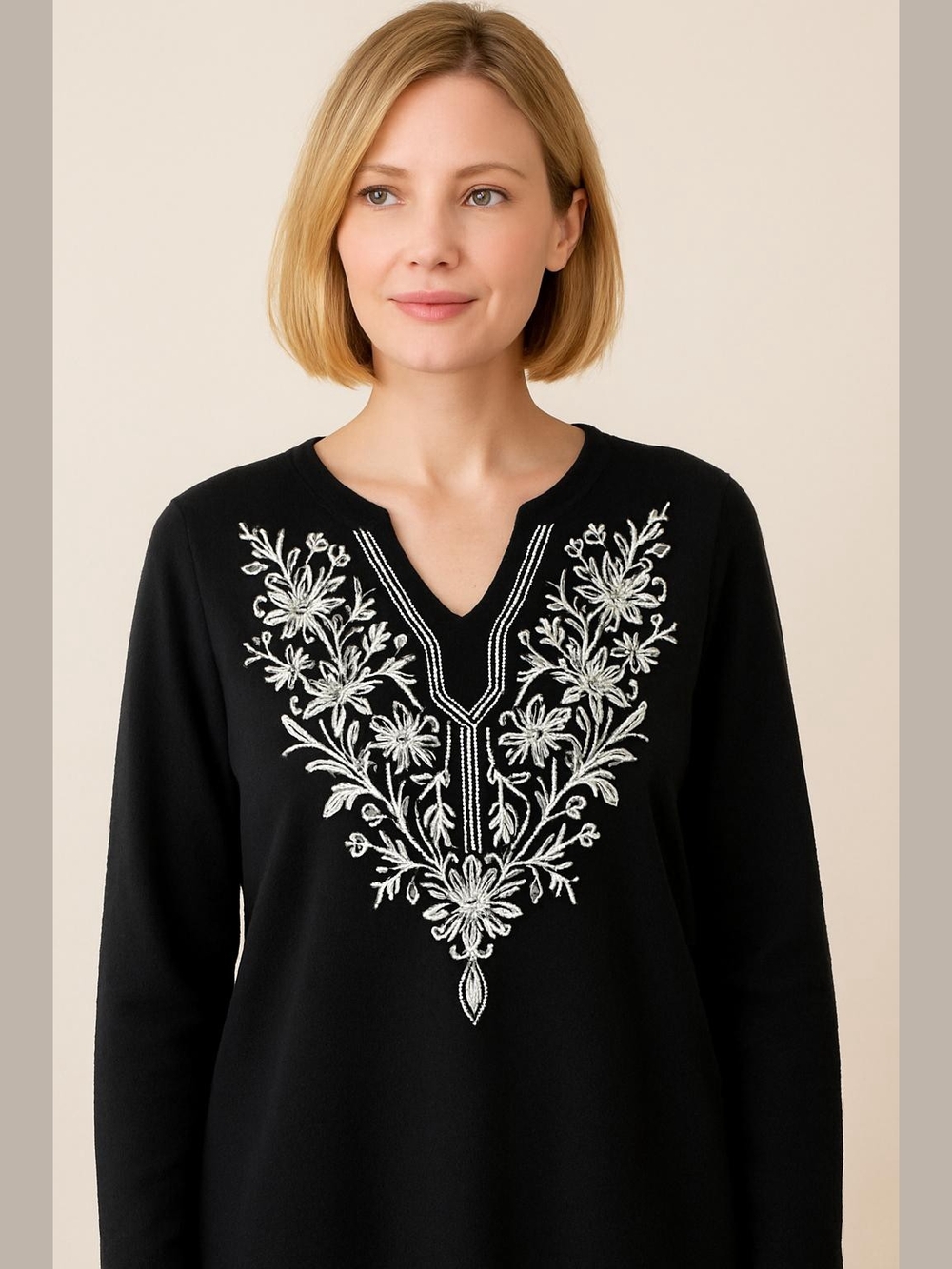Chico's Black Tunic with White Floral Embroidery